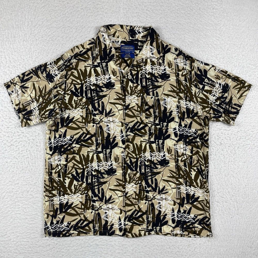Pendleton Shirt Mens Large Beige Palms Vacation Travel Preppy Casual Loop Collar